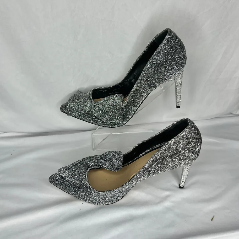 Jewel Badgley Mischka Pumps Womens 5.5‎ Silver Glitter Rhinestone Bow Stiletto